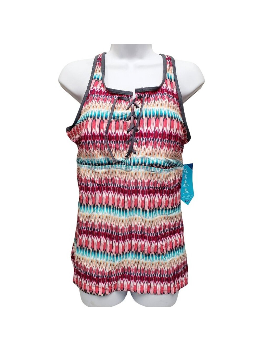 Free Country XL Tankini Top Multi-Color Strappy Back With Lace-Up Front Swimwear